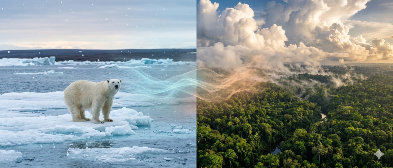 Polar bear on Arctic ice connected by atmospheric flow to Amazon rainforest